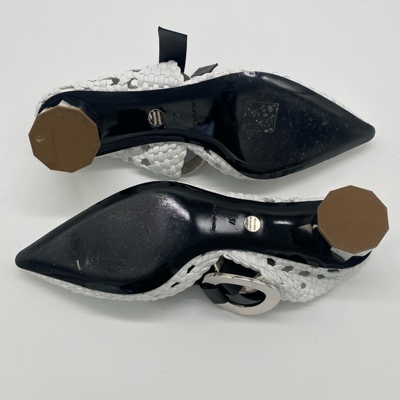 Proenza Schouler Woven Leather Mules Pointed Toe Silver Heel Black Bow - Picture 5 of 9